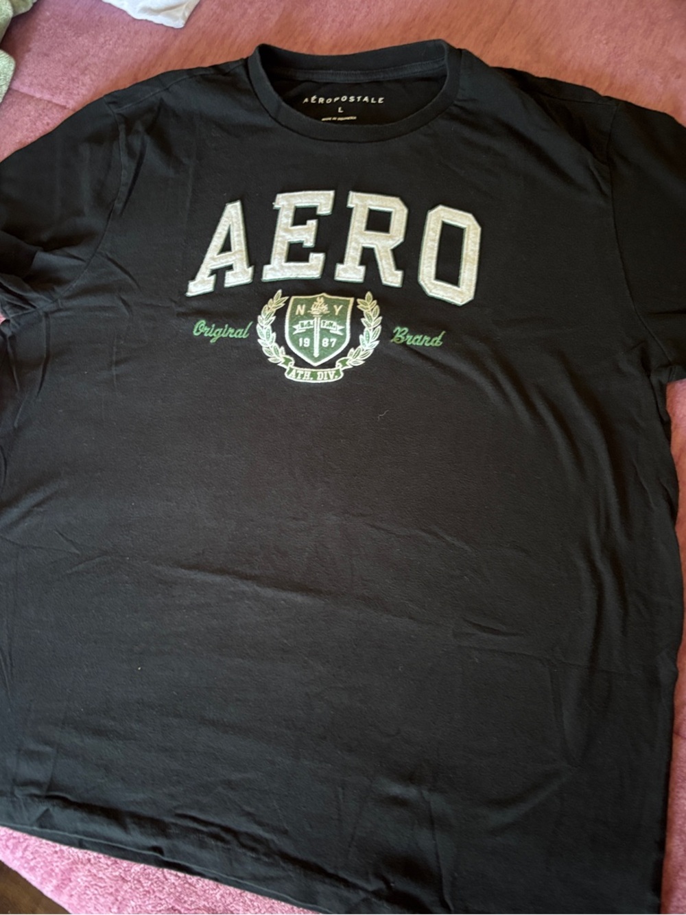 Aeropostale Black Crewneck T-Shirt with White AERO Logo and Green Crest Accents